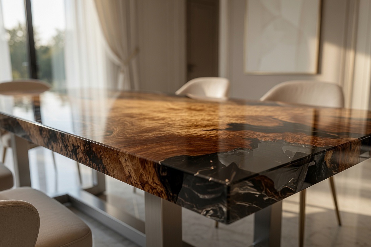 Perspective view of the Gold Camphor dining table highlighting its glossy finish