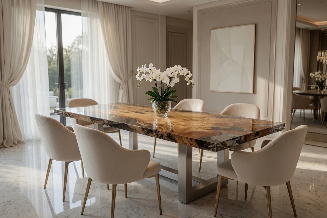 Side view of the Gold Camphor dining table set in an elegant dining room
