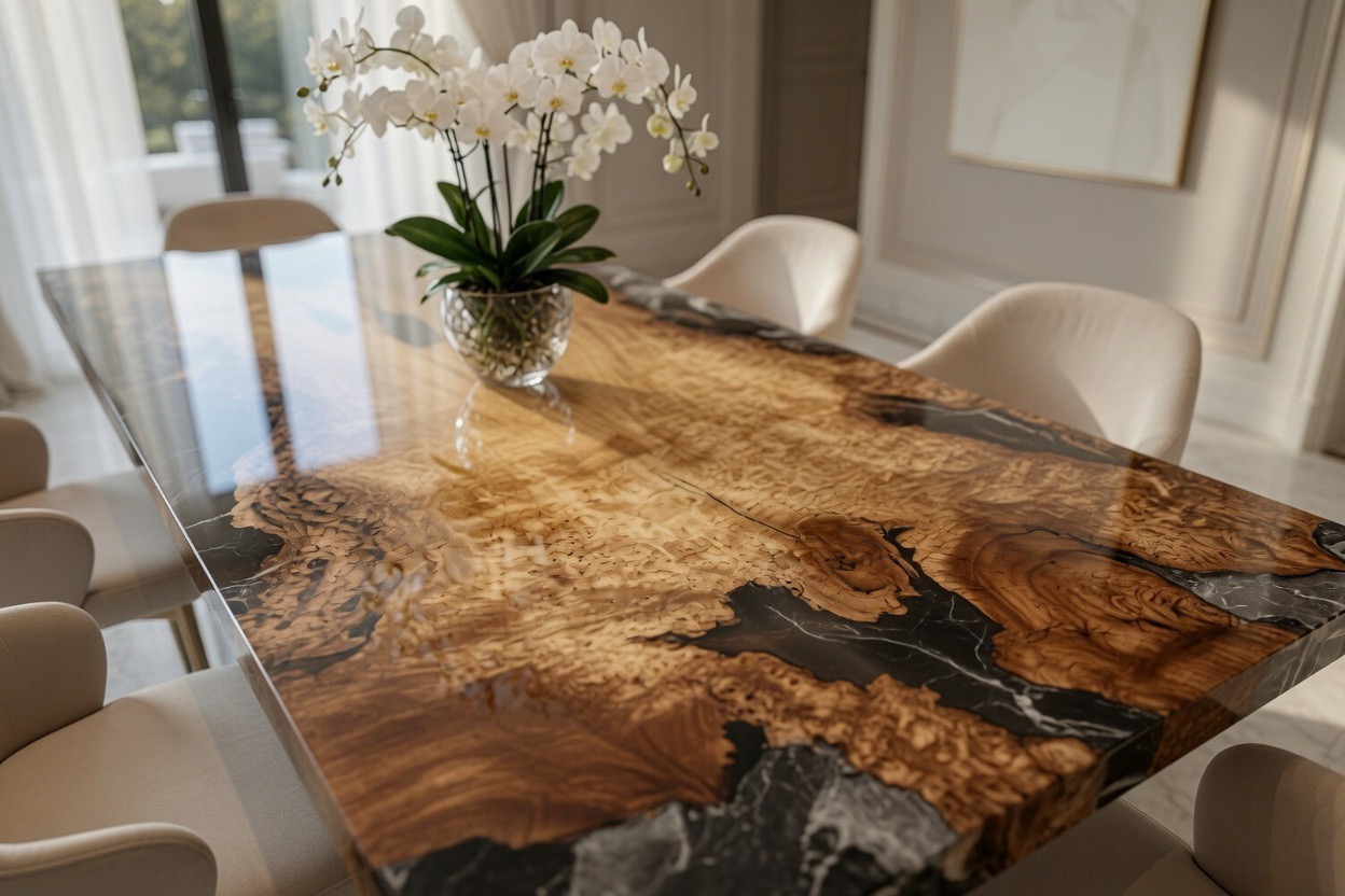 Close-up of the surface detailing on the Gold Camphor dining table