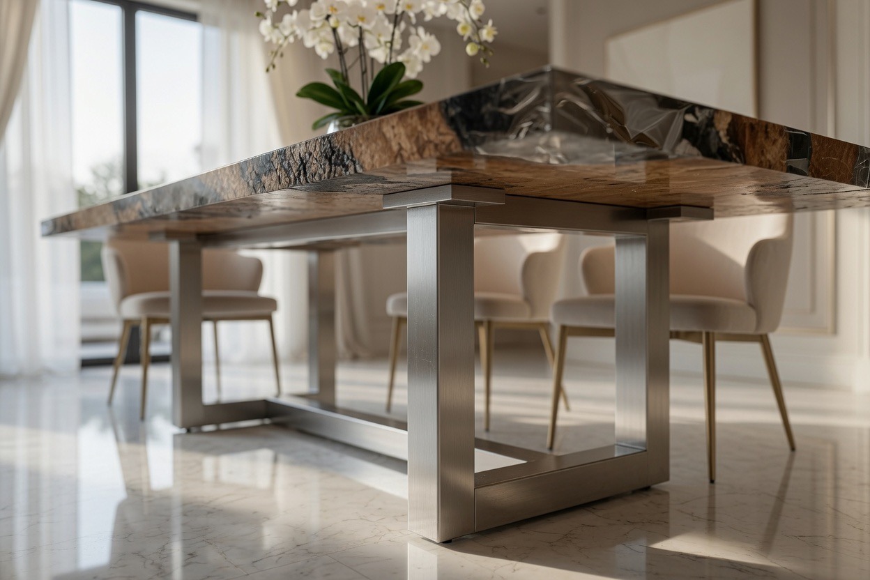 Close-up of the Apex steel base supporting the Gold Camphor dining table