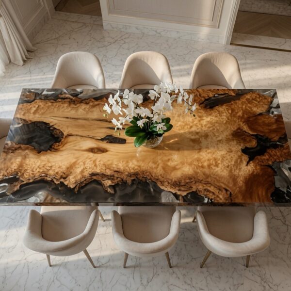 Top view of the opulent Gold Camphor dining table with floral centrepiece