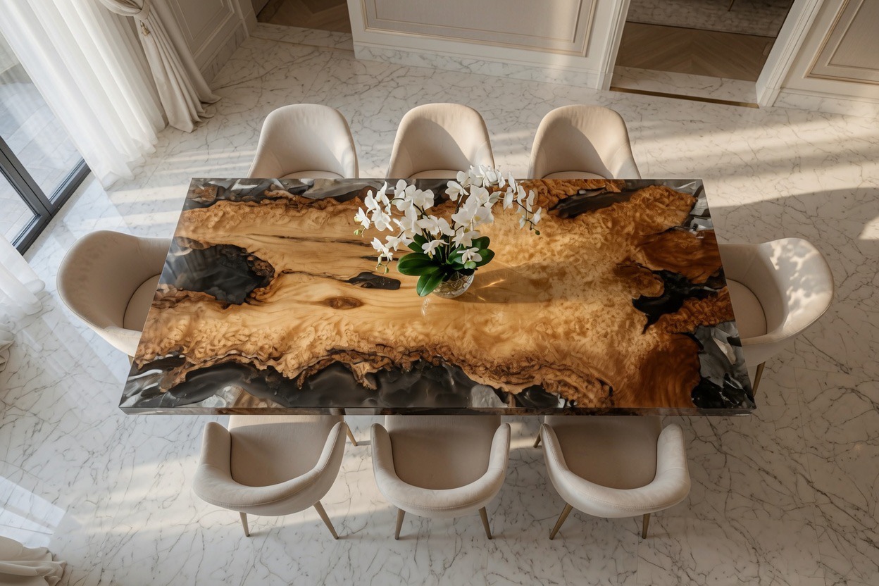 Top view of the opulent Gold Camphor dining table with floral centrepiece