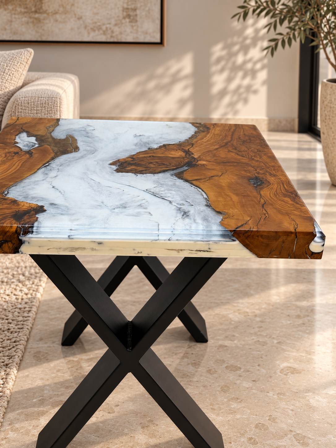Side view of the olive wood table revealing the glossy finish and edge detailing.