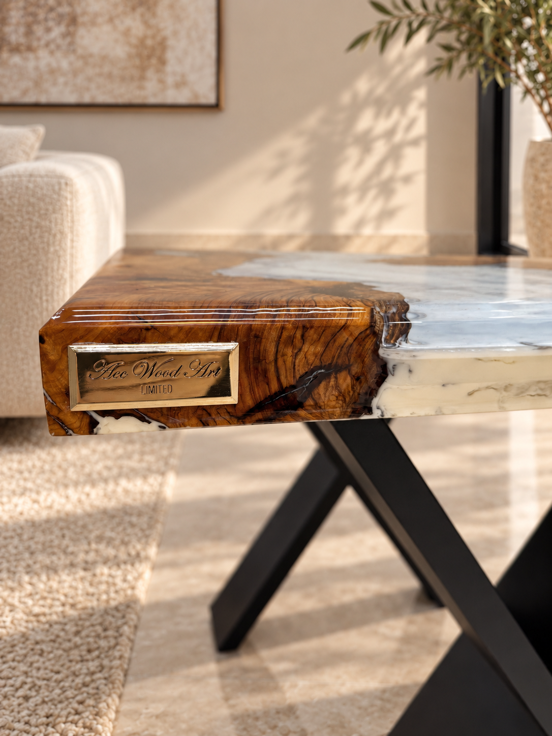Close-up of the olive wood edge detailing on the table.