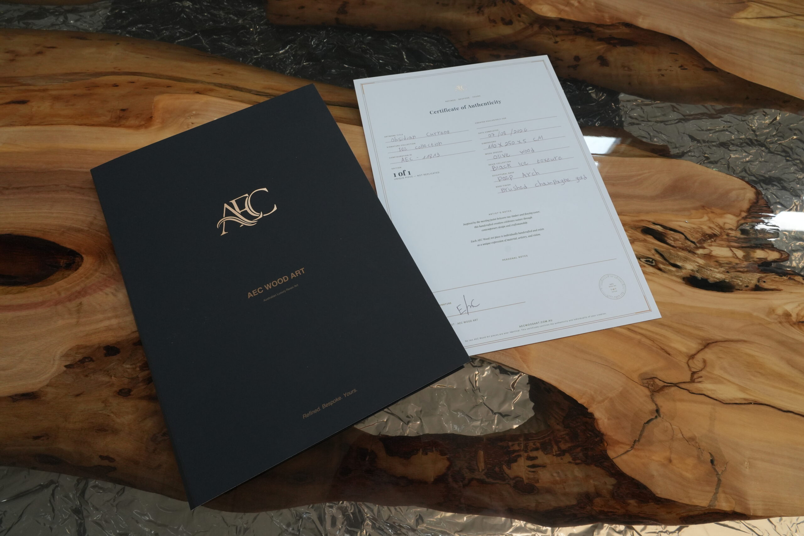 Close-up of a certificate of authenticity on the table.