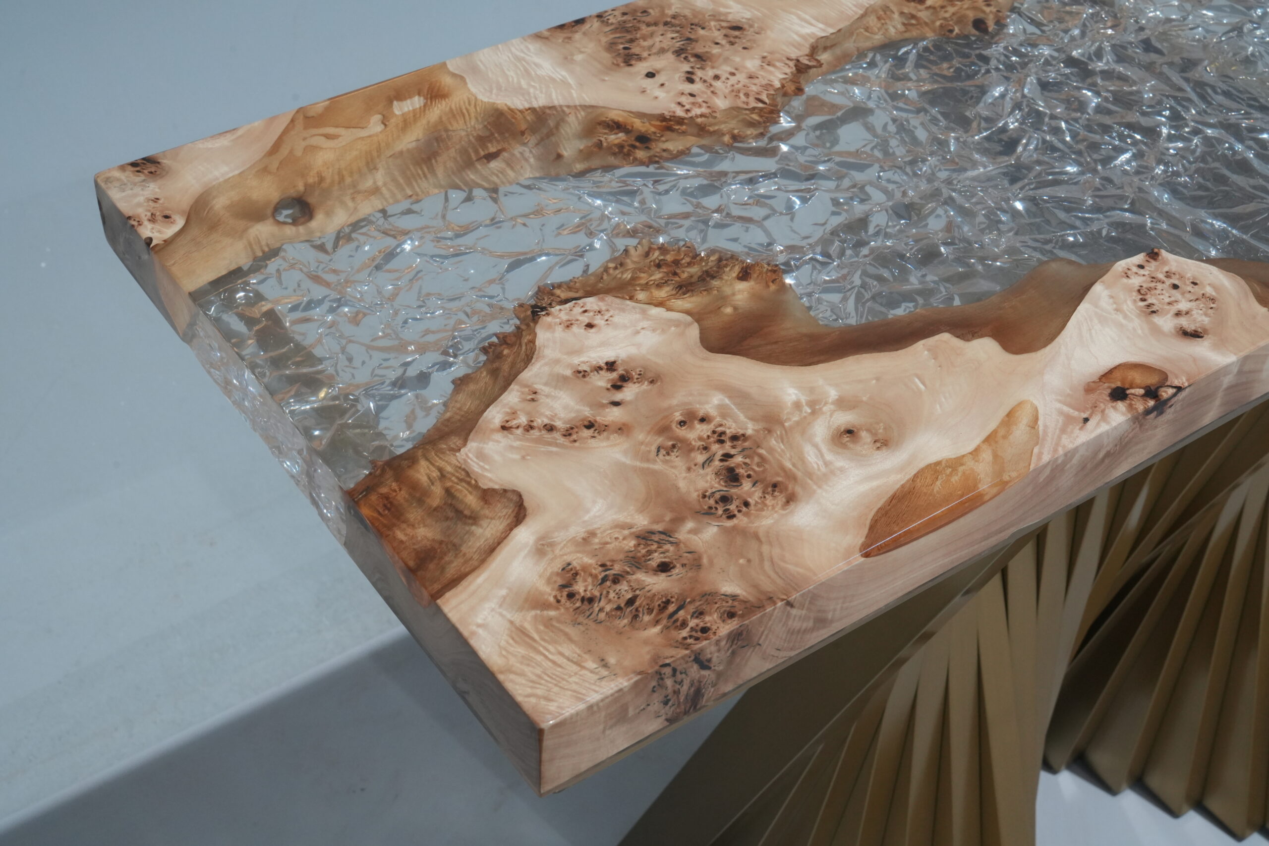 Angle view of the Frozen Passage Console Table emphasizing its dimensions and structure.