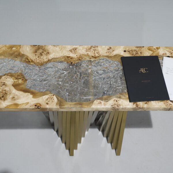 Top view of the Frozen Passage Console Table showcasing poplar wood and clear epoxy.