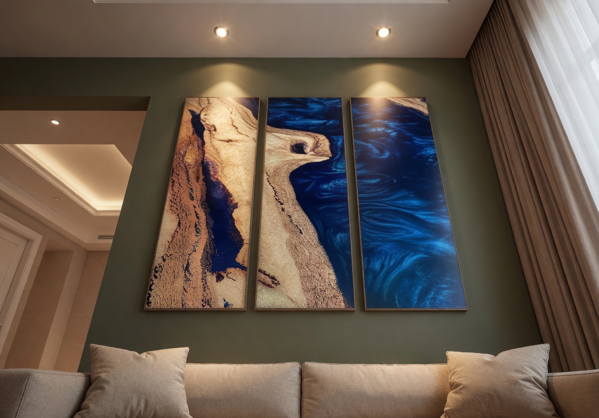 Close view of the triptych, highlighting the textures of ash wood and vibrant blue resin.