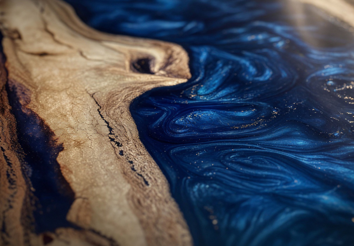 Artistic view of the blue resin flowing over the wooden substrate.