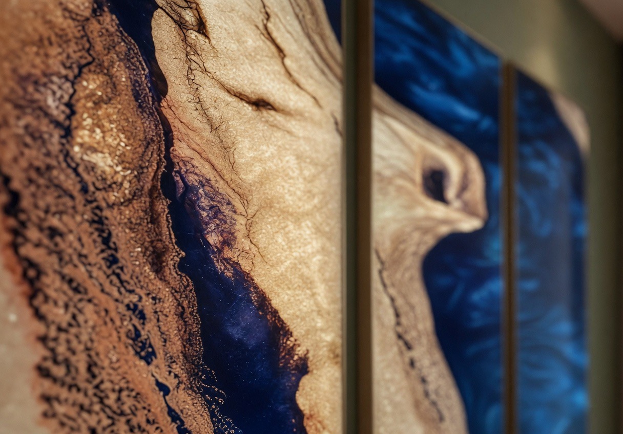 Side view detail of the Royal Blue Triptych, focusing on the edge where wood meets resin.