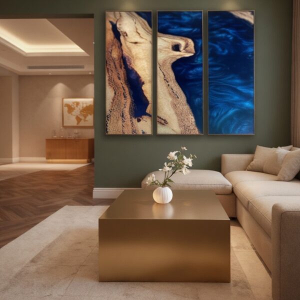 Three-panel wall art showcasing the blend of ash wood and royal blue resin in a living room setting.