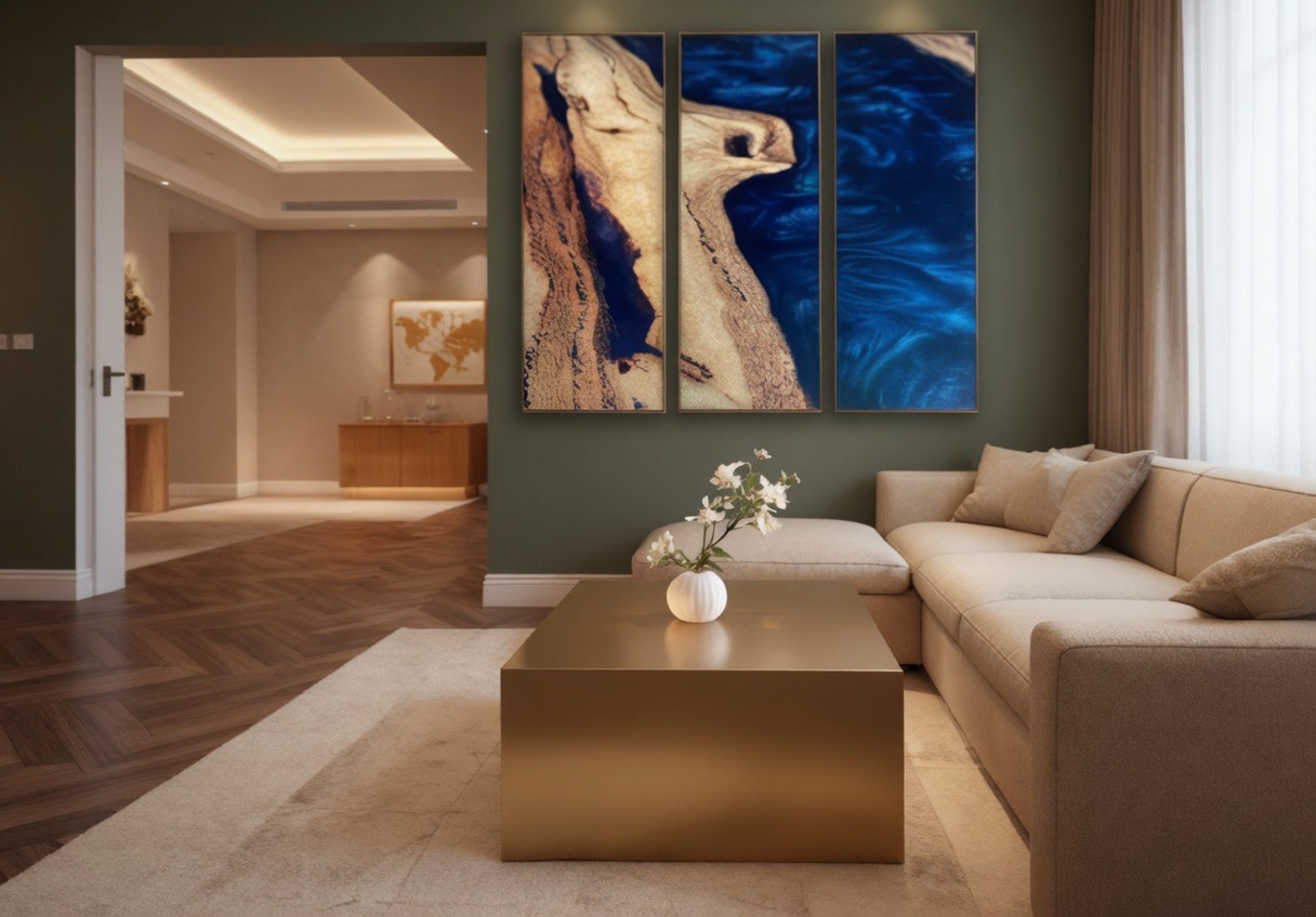 Three-panel wall art showcasing the blend of ash wood and royal blue resin in a living room setting.