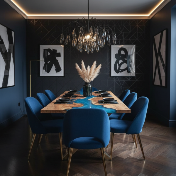 A full view of the Sky Blue Poplar River Table set in a modern dining space, showcasing the rich grain of poplar wood and sky blue epoxy river.