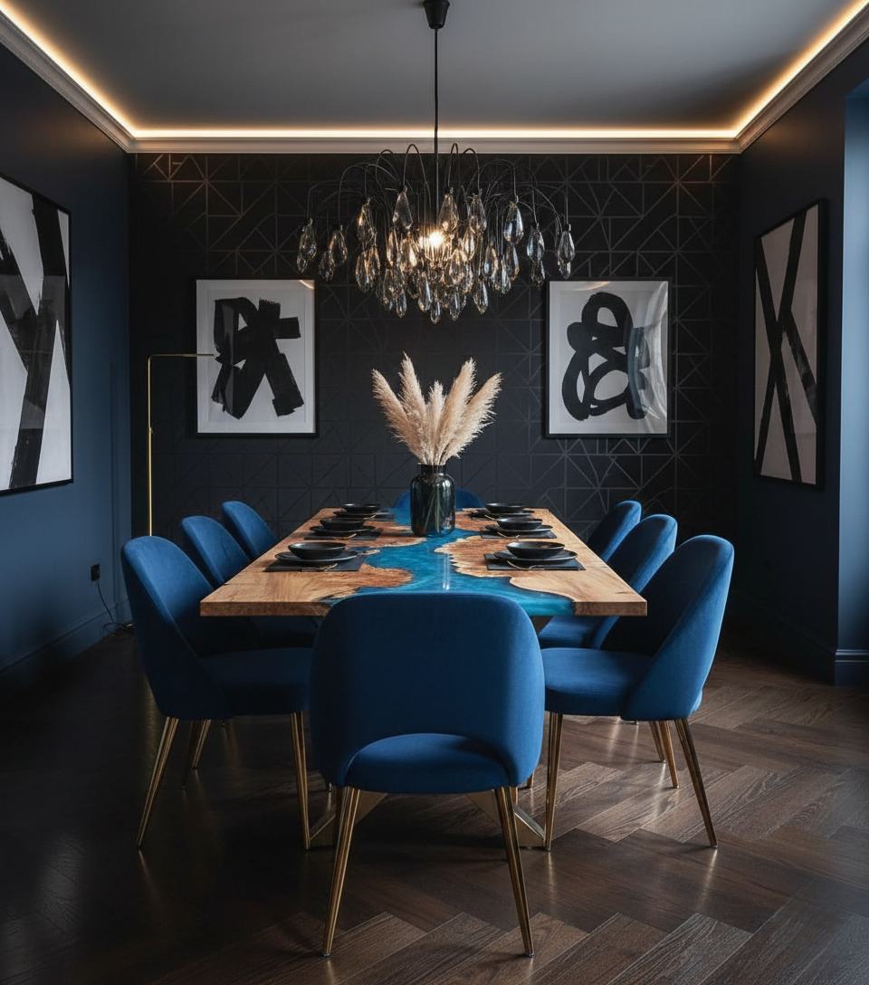 A full view of the Sky Blue Poplar River Table set in a modern dining space, showcasing the rich grain of poplar wood and sky blue epoxy river.