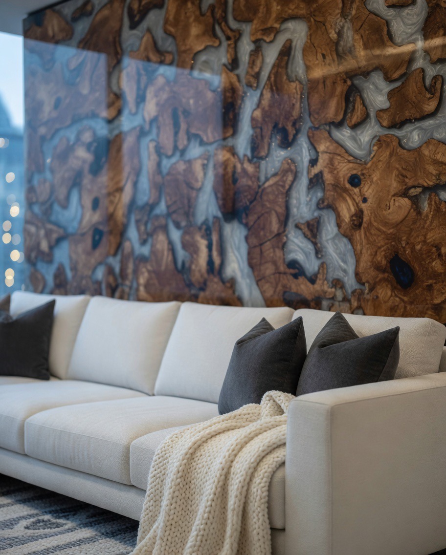 Close-up of the Olive Roots wall art focusing on the unique textures of the wood and resin.