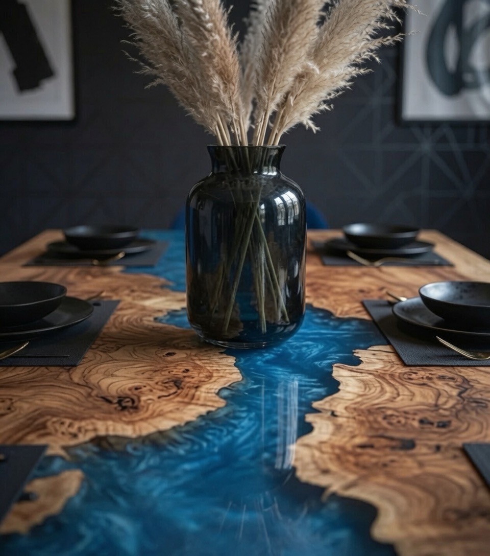 A tabletop shot of the Sky Blue Poplar River Table featuring a vase and table settings, illustrating its use in a dining environment.