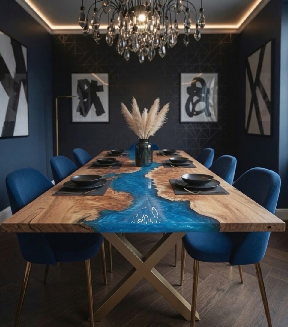 A close-up of the table's surface, highlighting the unique patterns in the poplar wood and the flowing blue epoxy resin.