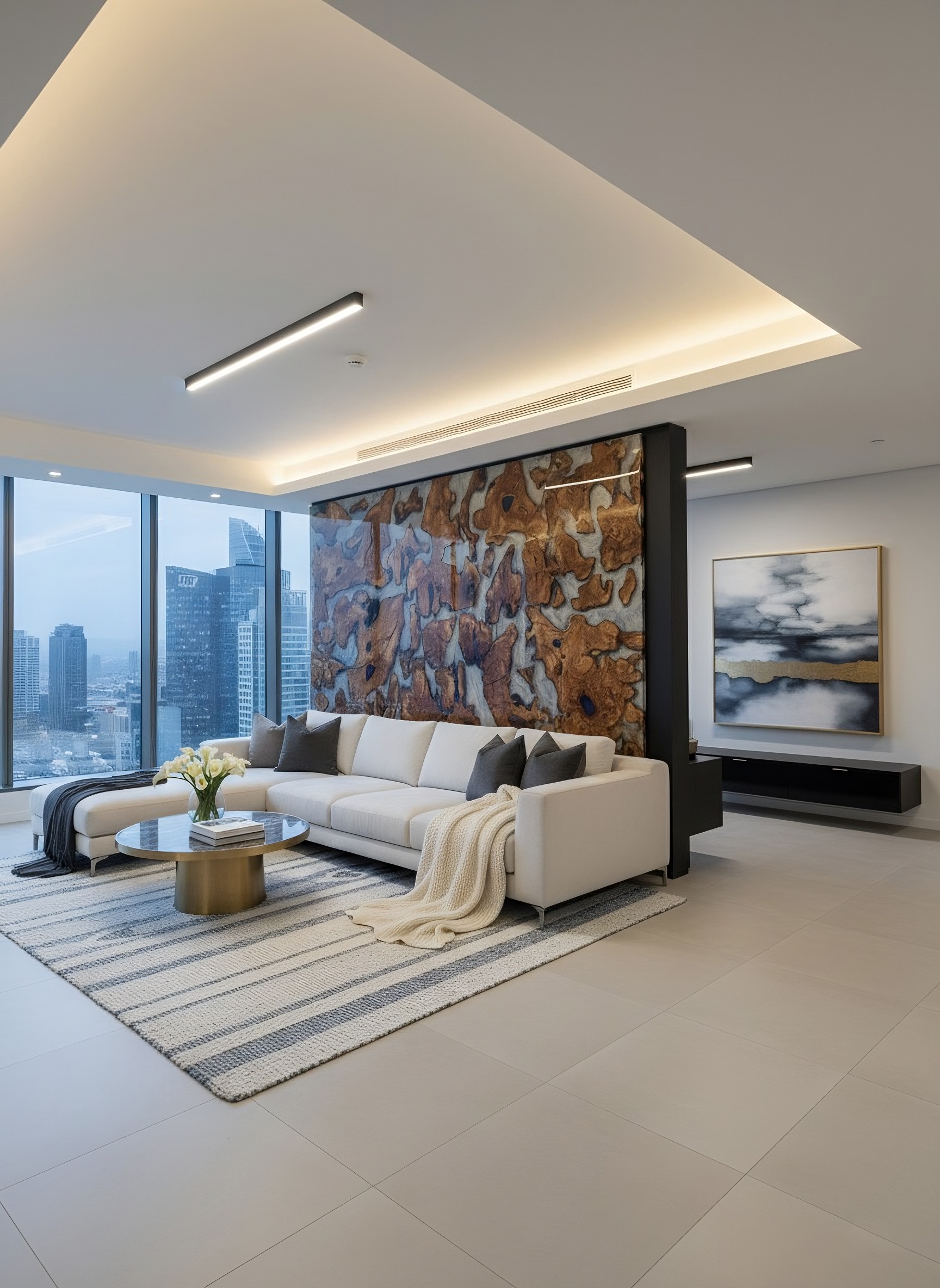 Another angle showcasing the Olive Roots wall art in a sophisticated interior.
