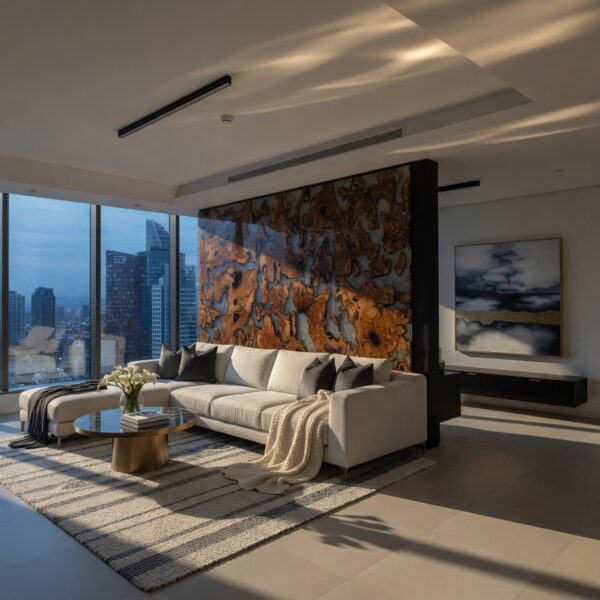 A spacious living room featuring the Olive Roots wall art as the focal point.