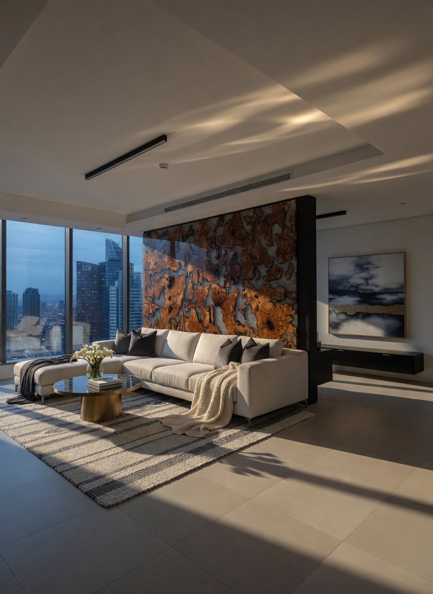 A spacious living room featuring the Olive Roots wall art as the focal point.