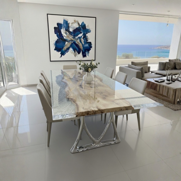 A top view of the Crystal Ice Poplar Dining Table showcasing the ice texture and light poplar wood.